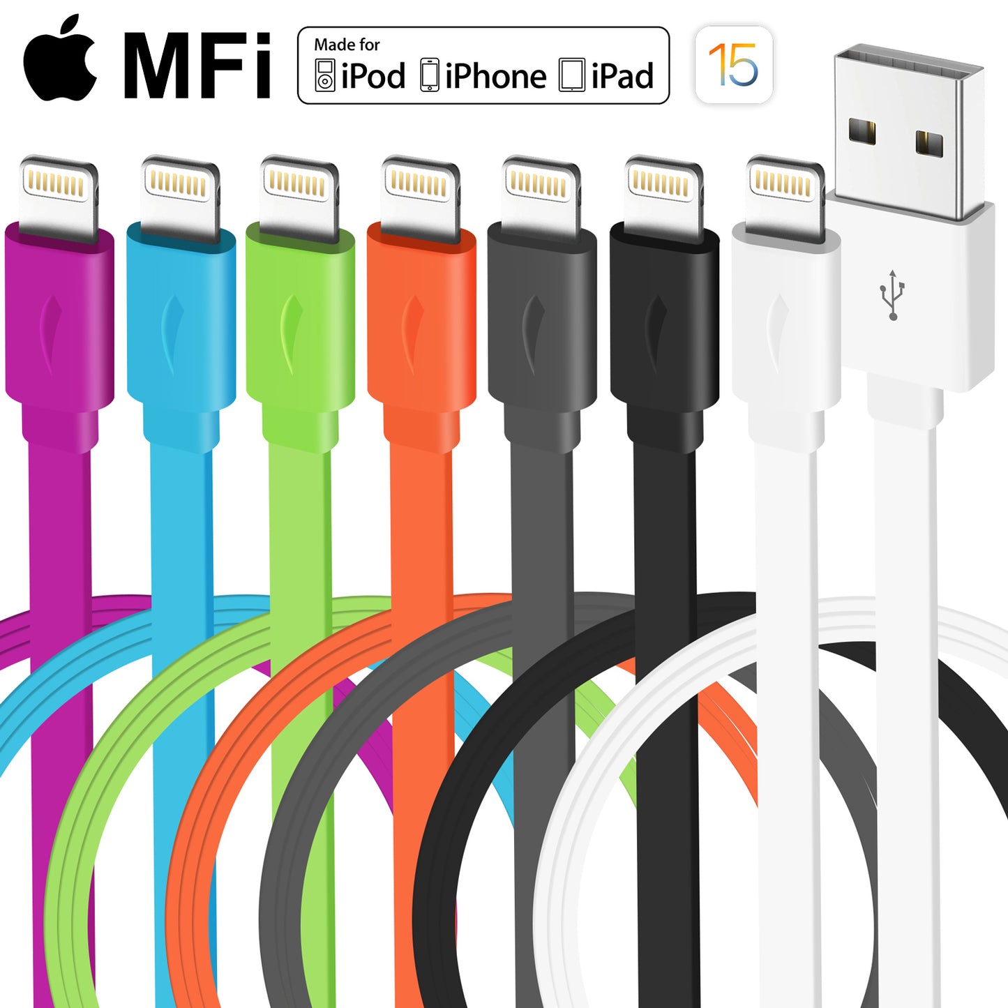 Multi-Colors Apple MFi Certified Color Flat Lightning Cable - 1.5 FT or 3.3 FT