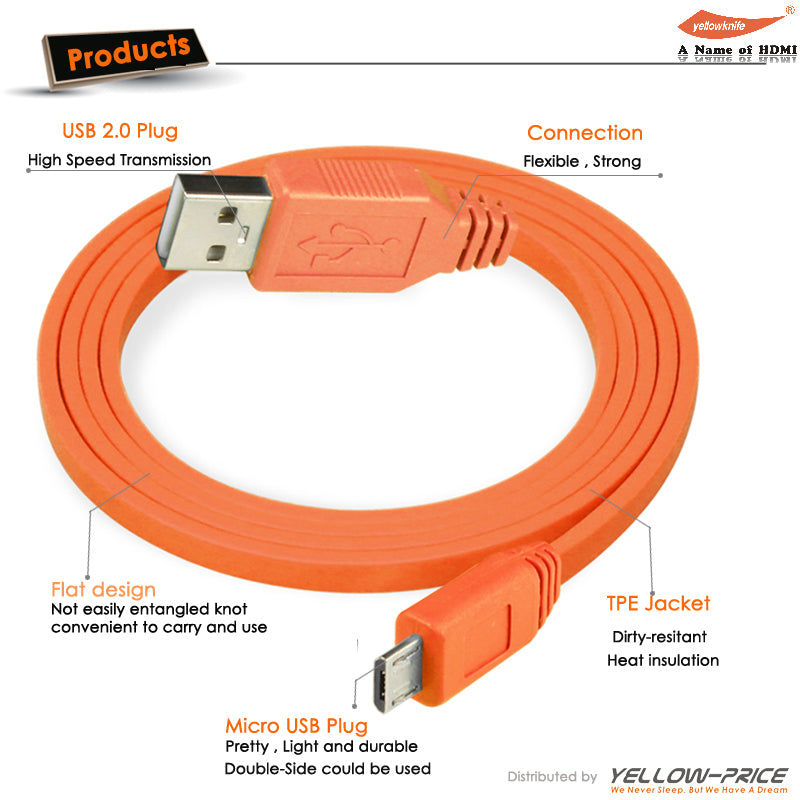 Multi-Colors Micro USB 2.0 Flat Cables 3.3 FT