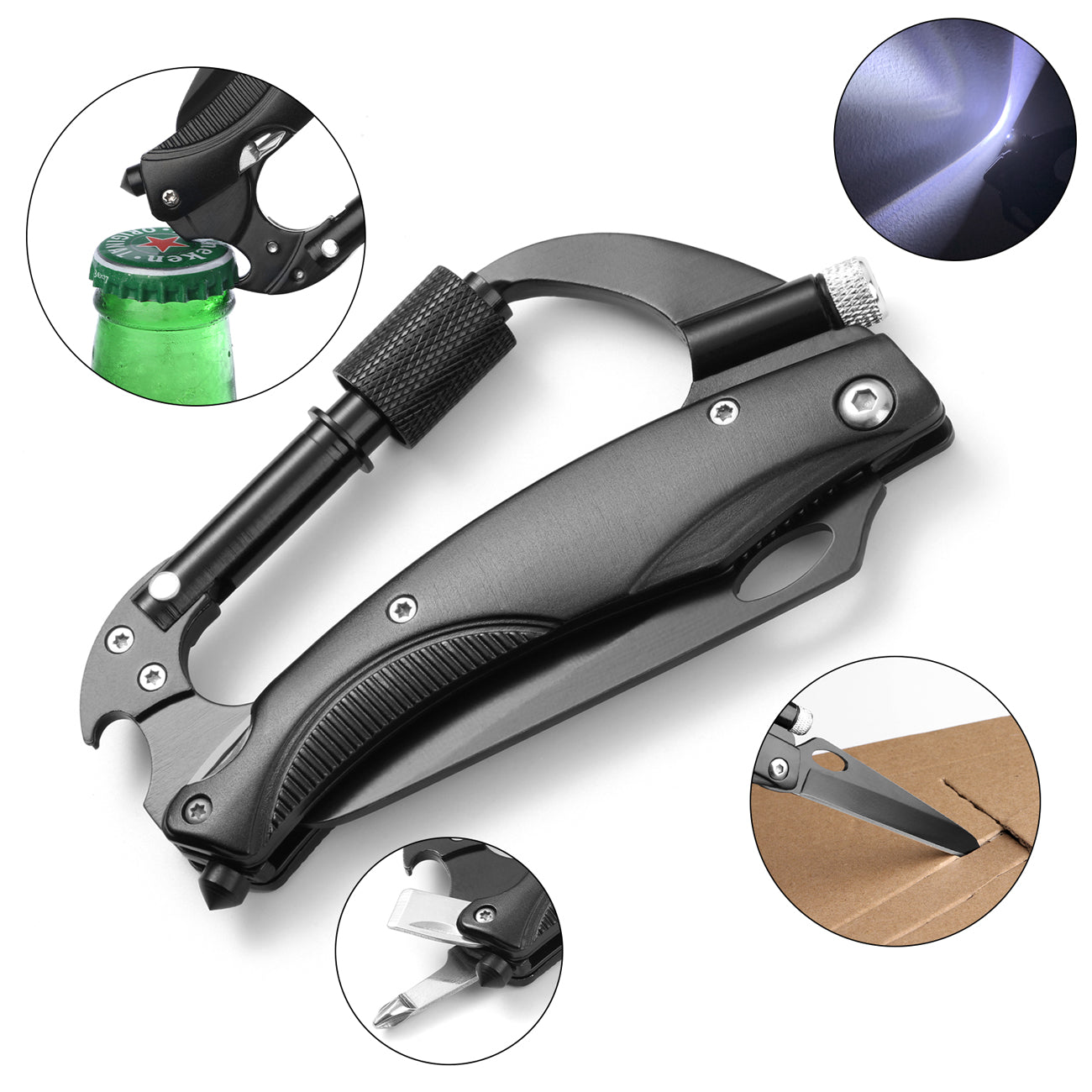 Carabiner Multitool 7-in-1 with LED flashlight, Self Defense Keychain