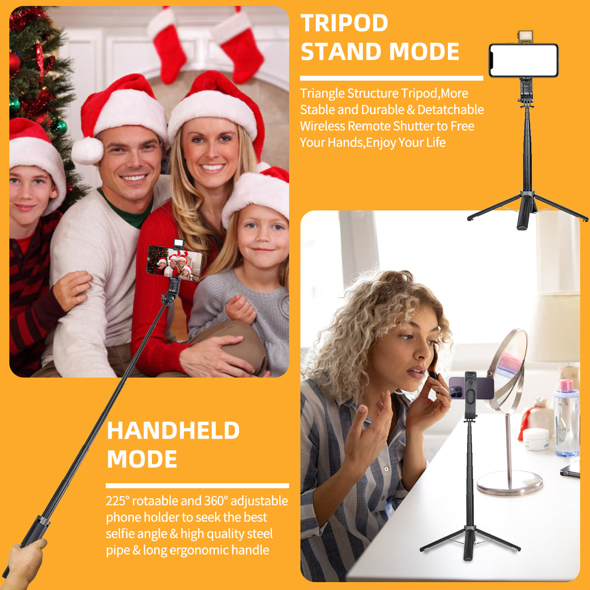 Selfie Stick, 4 in 1 Extendable Bluetooth Selfie Stick Tripod - 360°  Rotation Stable Tripod Stand with Detachable Wireless Remote, Compatible  with