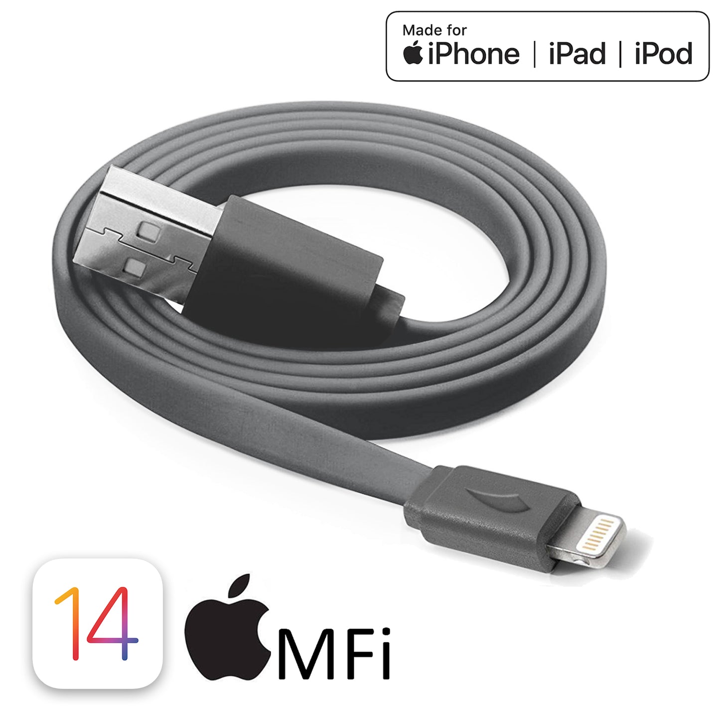 Multi-Colors Apple MFi Certified Color Flat Lightning Cable - 1.5 FT or 3.3 FT