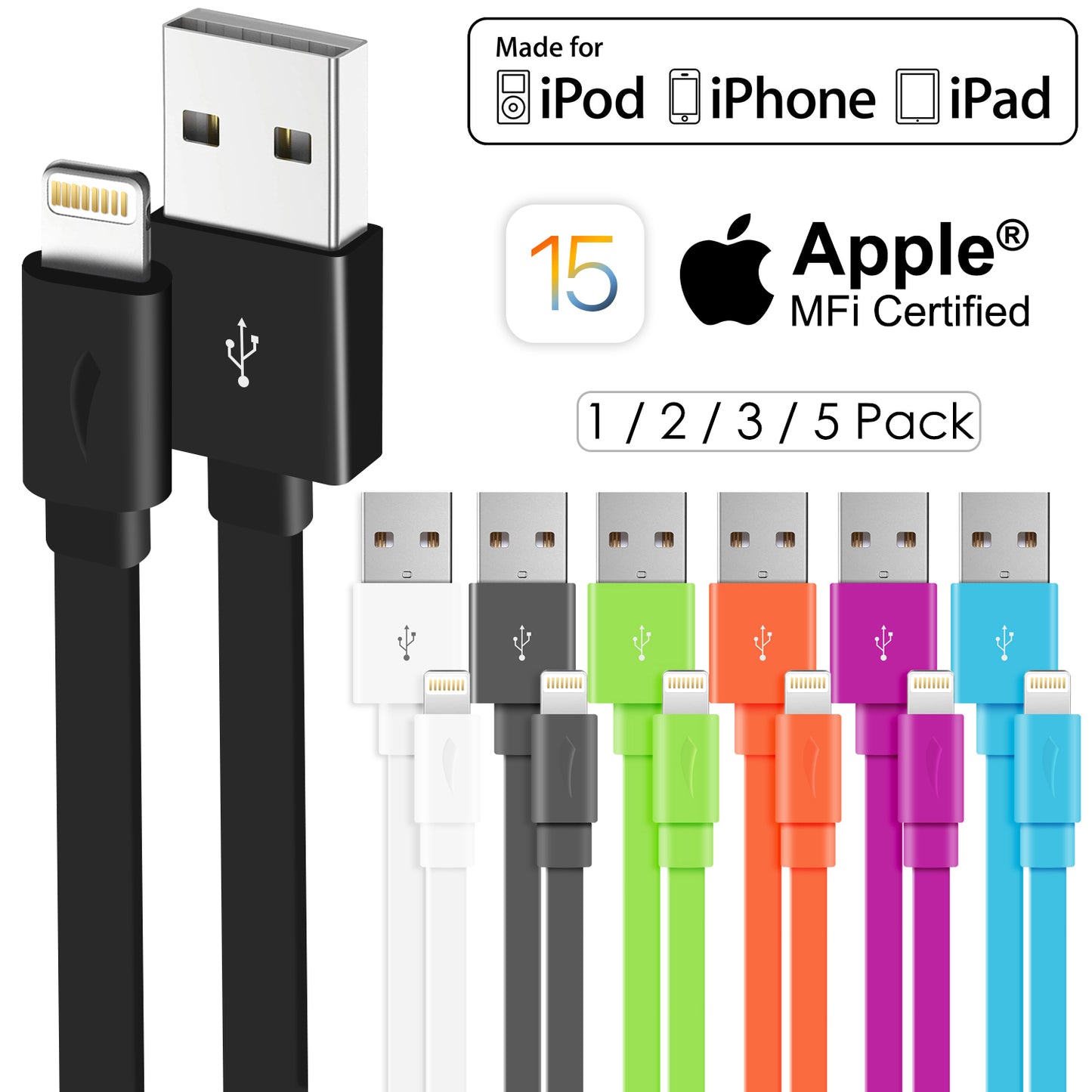 Multi-Colors Apple MFi Certified Color Flat Lightning Cable - 1.5 FT or 3.3 FT