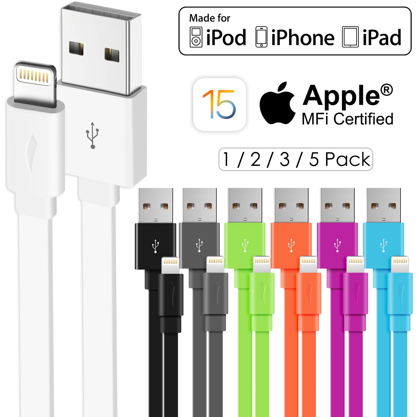Multi-Colors Apple MFi Certified Color Flat Lightning Cable - 1.5 FT or 3.3 FT