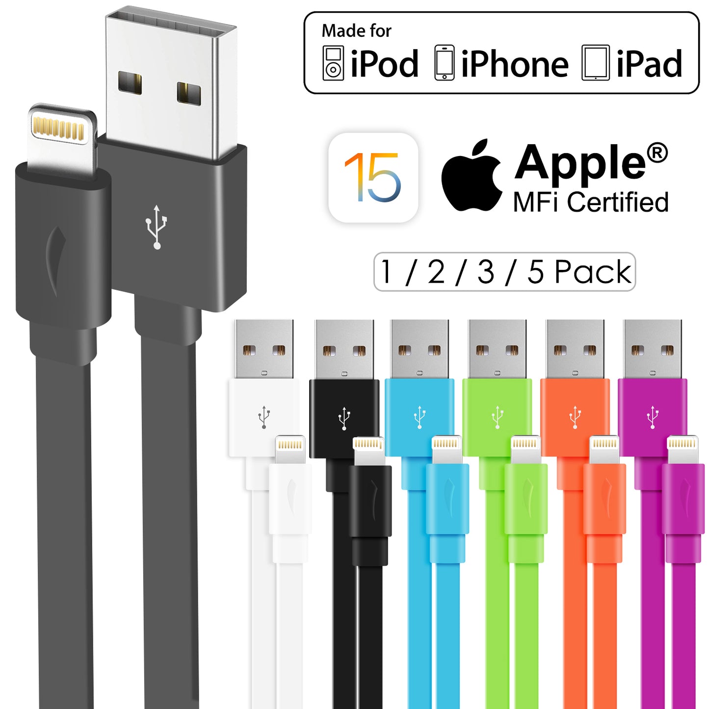 Multi-Colors Apple MFi Certified Color Flat Lightning Cable - 1.5 FT or 3.3 FT