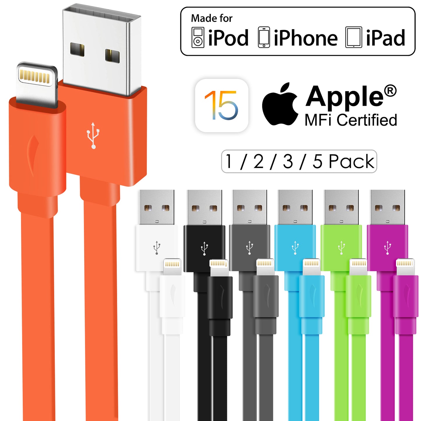 Multi-Colors Apple MFi Certified Color Flat Lightning Cable - 1.5 FT or 3.3 FT