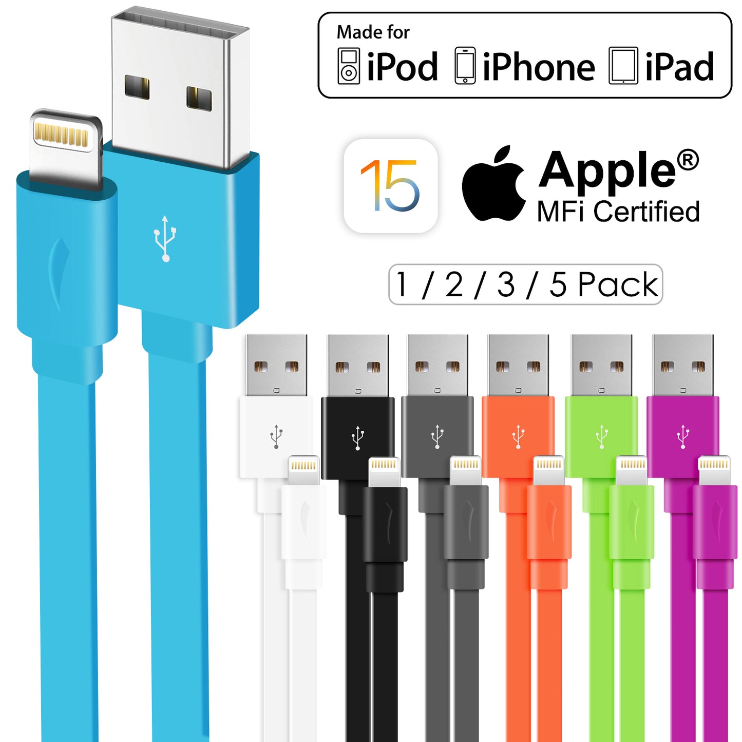 Multi-Colors Apple MFi Certified Color Flat Lightning Cable - 1.5 FT or 3.3 FT