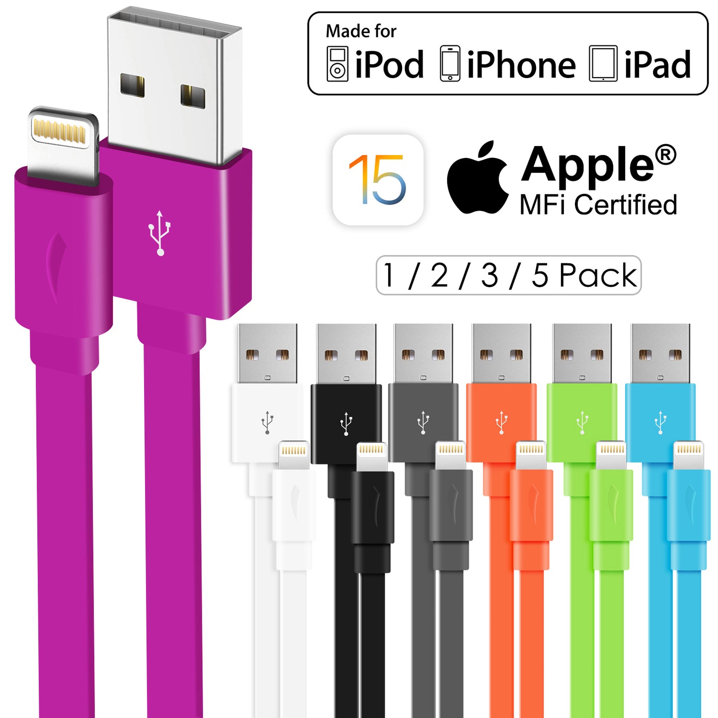 Multi-Colors Apple MFi Certified Color Flat Lightning Cable - 1.5 FT or 3.3 FT