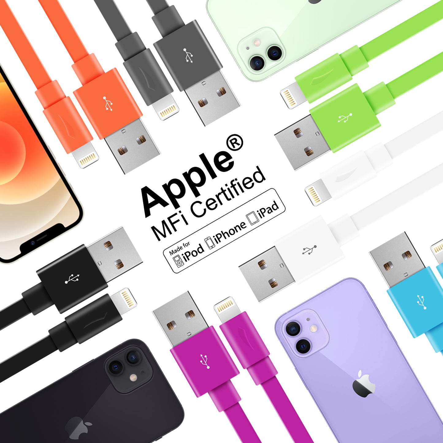 Multi-Colors Apple MFi Certified Color Flat Lightning Cable - 1.5 FT or 3.3 FT