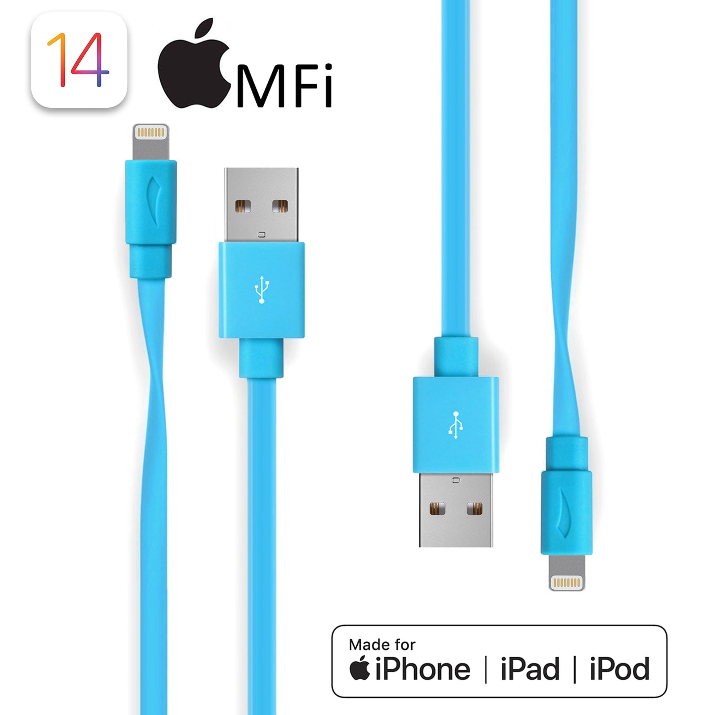 Multi-Colors Apple MFi Certified Color Flat Lightning Cable - 1.5 FT or 3.3 FT