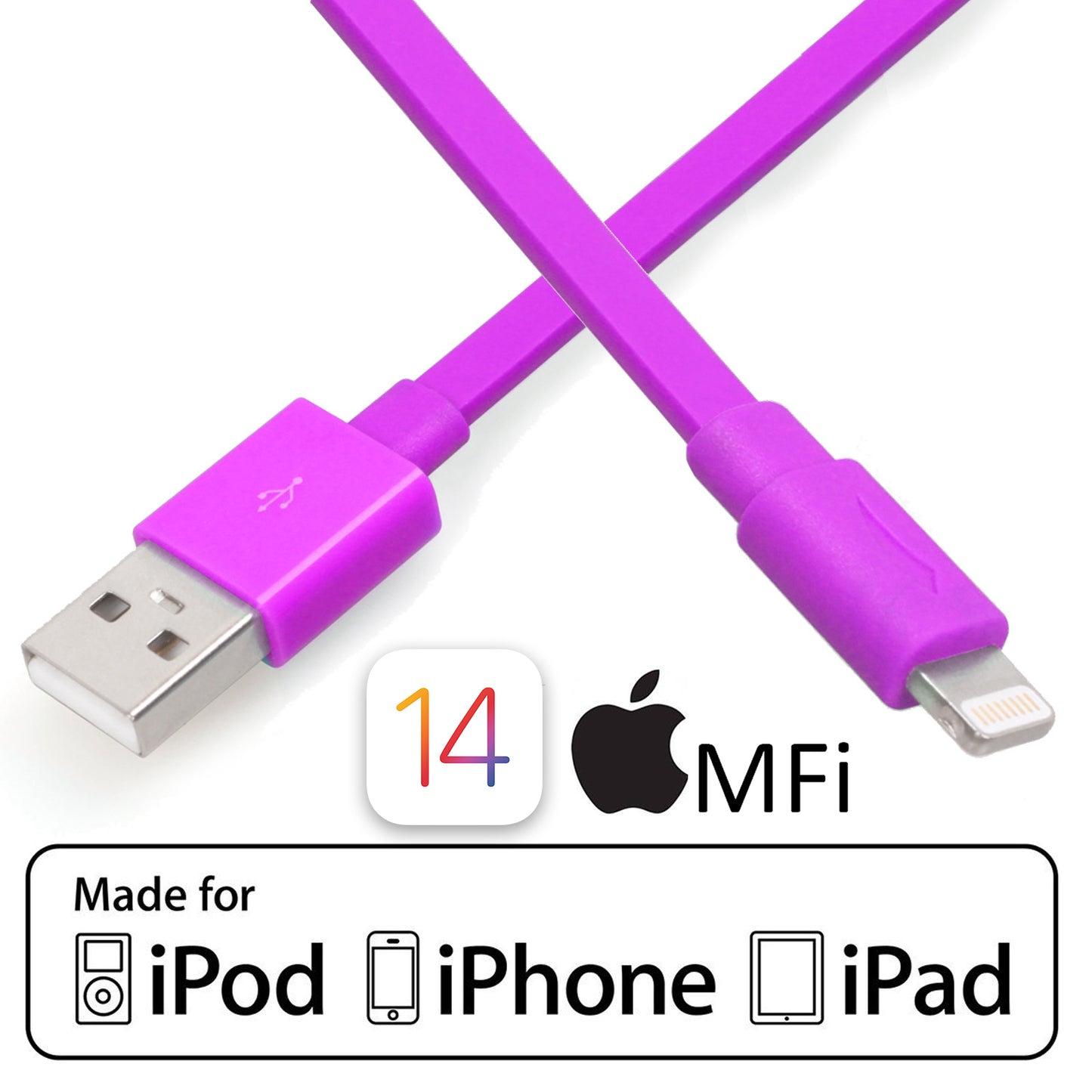 Multi-Colors Apple MFi Certified Color Flat Lightning Cable - 1.5 FT or 3.3 FT