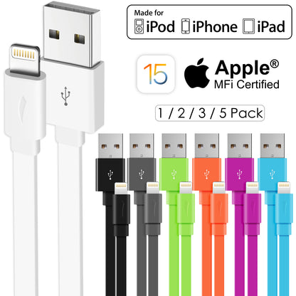 Multi-Colors Apple MFi Certified Color Flat Lightning Cable - 1.5 FT or 3.3 FT